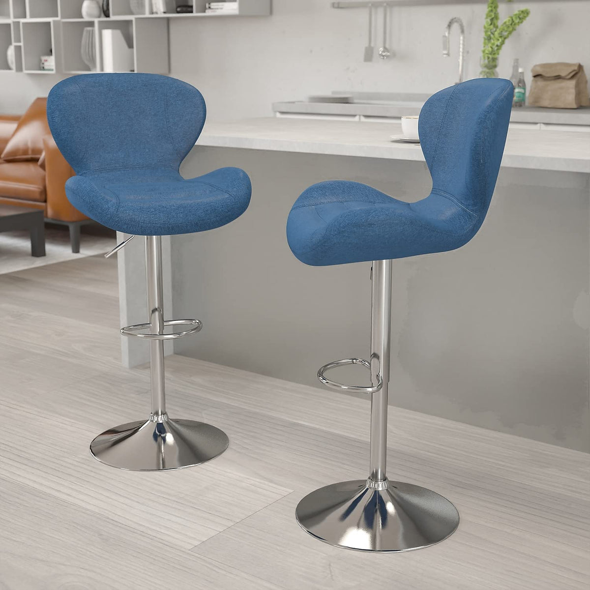 Flash Furniture Denville 2 Pack Contemporary Blue Fabric Adjustable Height Barstool with Curved Back and Chrome Base - image 2