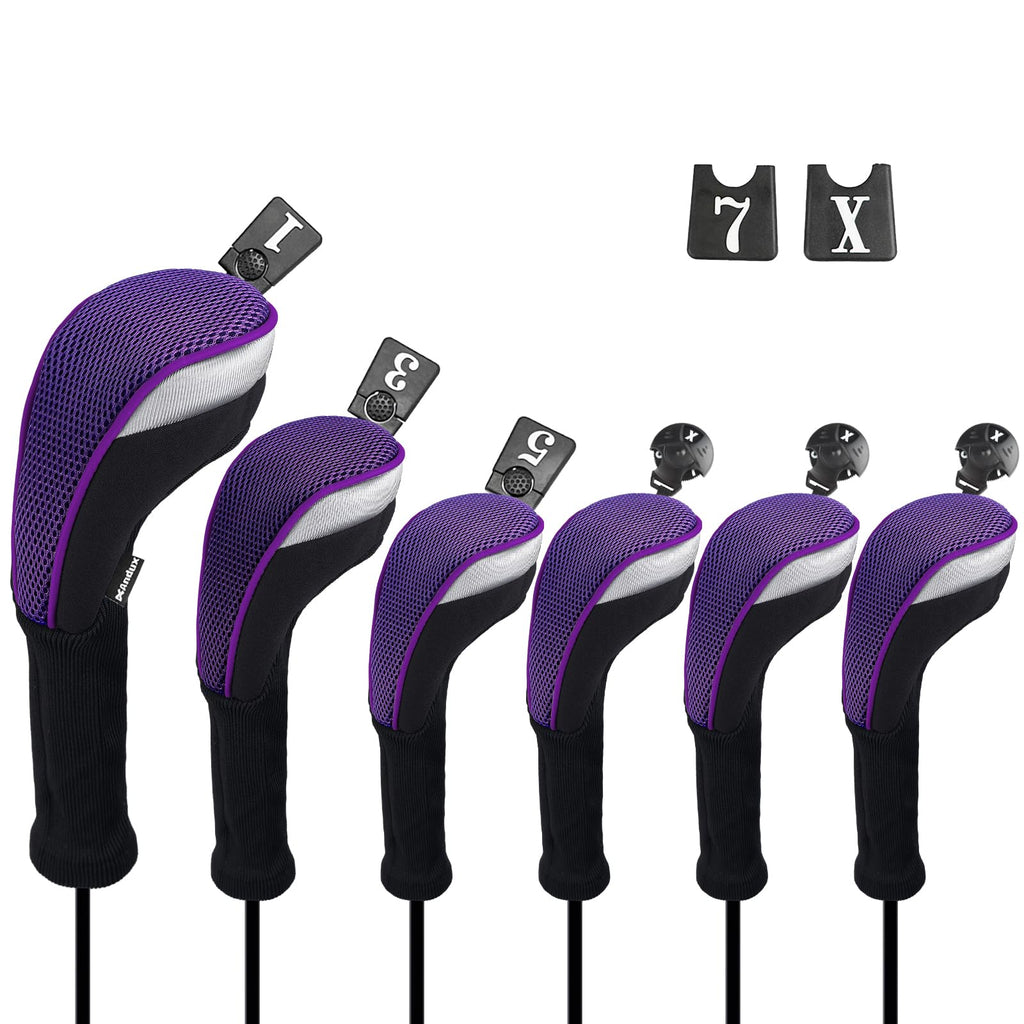 Andux Golf Club Head Covers Set - 6pc Driver Fairway Hybrid - Black/Purple
