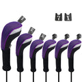 Andux Golf Club Head Covers Set - 6pc Driver Fairway Hybrid - Black/Purple