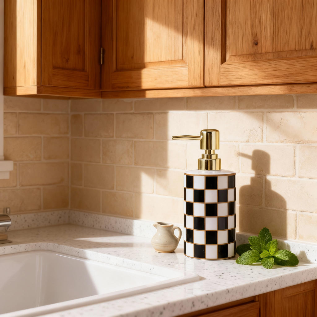 Checkered Bathroom Soap Dispenser,Gold Pump Ceramic Soap Dispenser,Kitchen Checkerboard Empty Pump Bottle,Bath Countertop Storage Organizer,Checkered - image 5