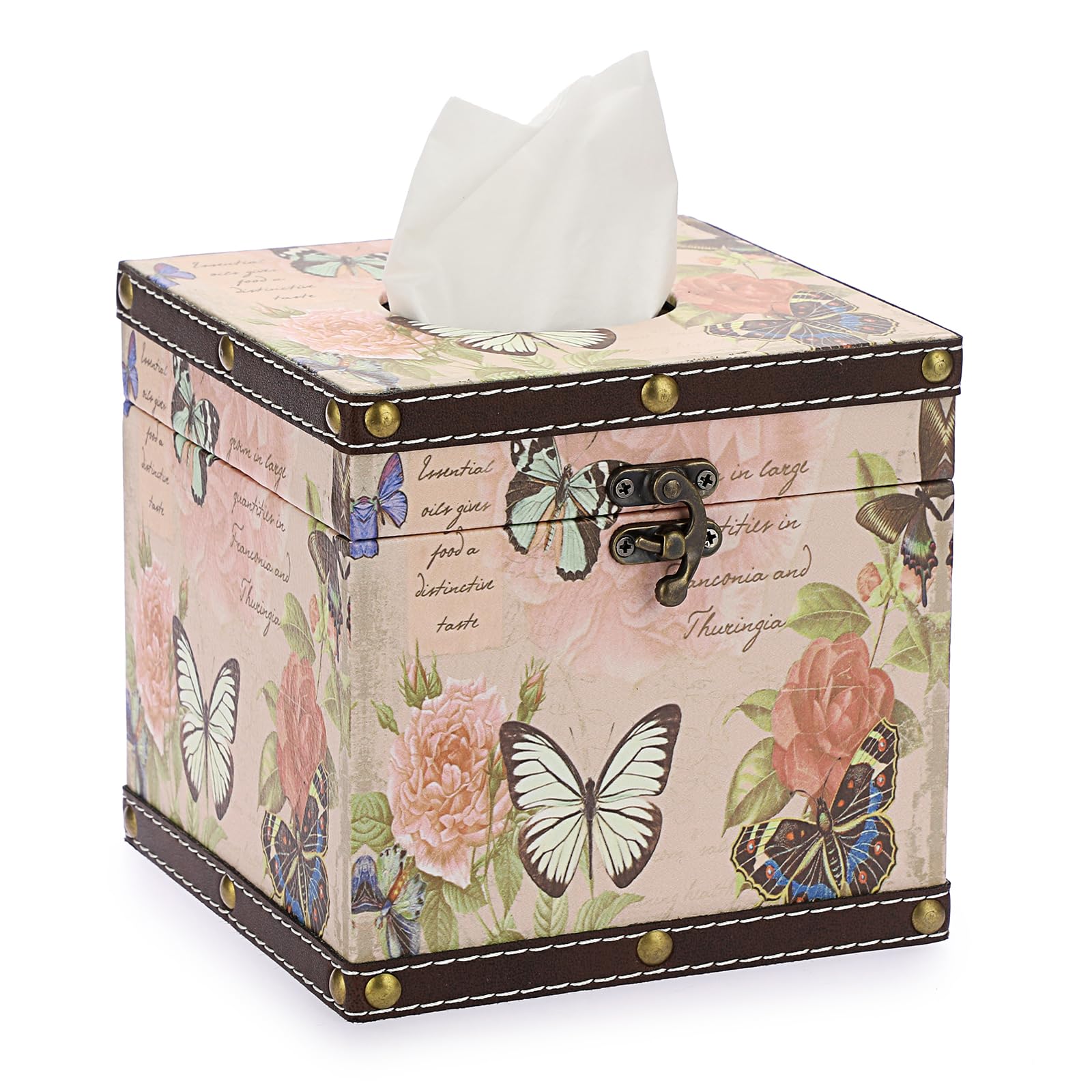 TOLIDA Retro Floral Wood & PU Leather Square Tissue Box Cover Organizer