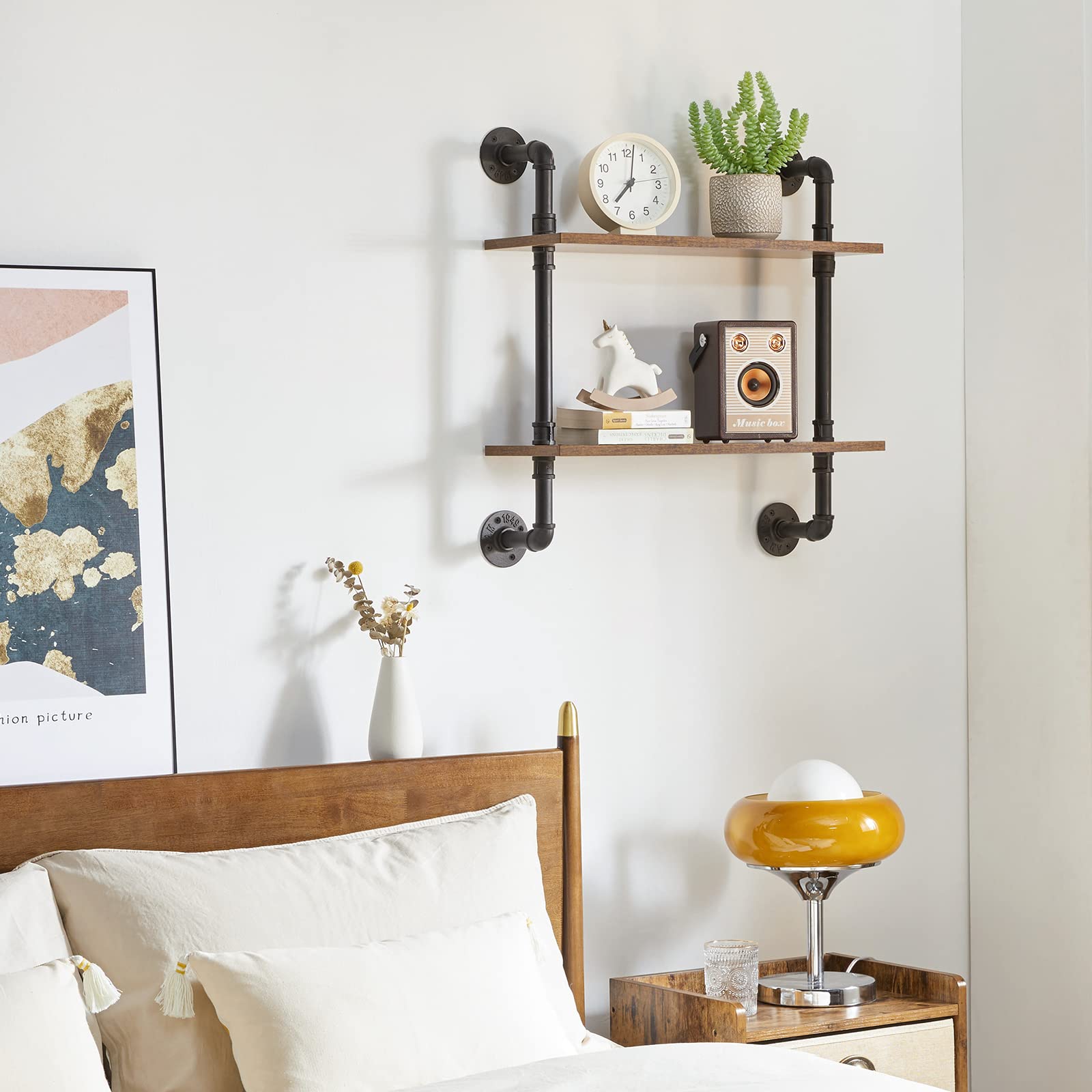 YMYNY 2-Tier Industrial Pipe Wall Mount Shelves | Rustic Wood Storage