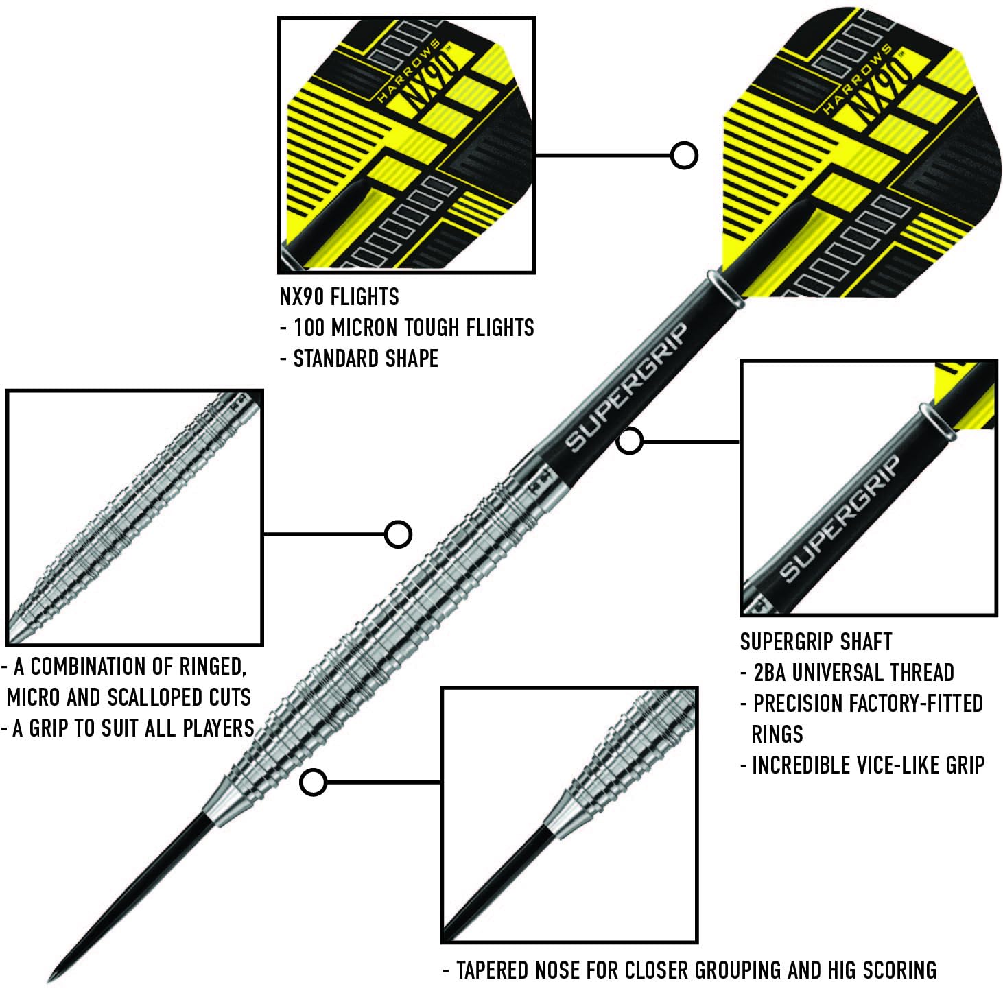 Harrows NX90 90% Tungsten Steel Tip Darts Set | Front Loaded – 22g