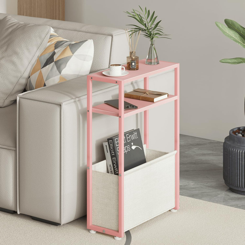 JERX Narrow Side Table with Fabric Basket, End Table for Small Spaces, Slim Side Table with Magazine Rack for Living Room Office Bedroom and Bathroom - image 1