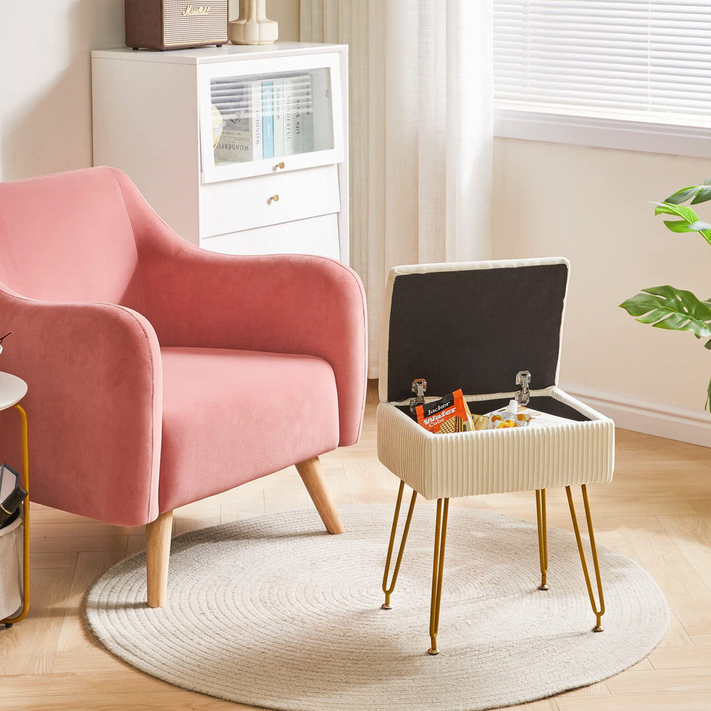 YMYNY Velvet Storage Ottoman | Pink Vanity Stool with Metal Legs