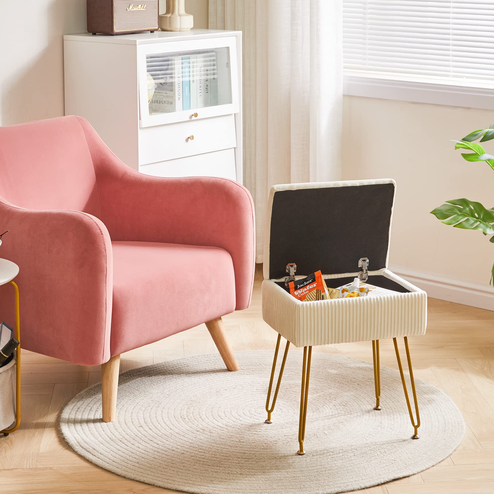 YMYNY Velvet Storage Ottoman | Pink Vanity Stool with Metal Legs
