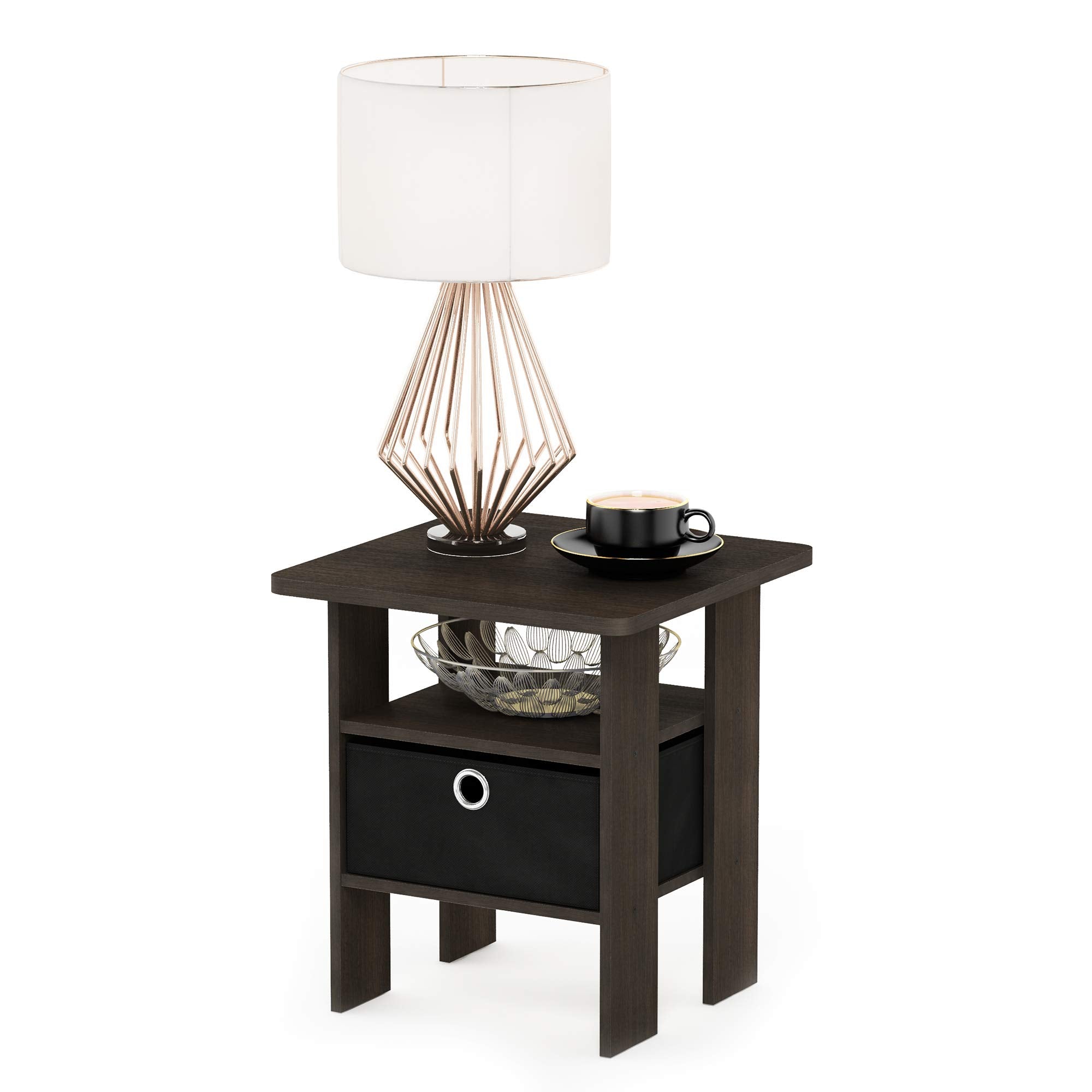 Furinno Andrey Side Table – Nightstand with Storage Bin, Dark Brown