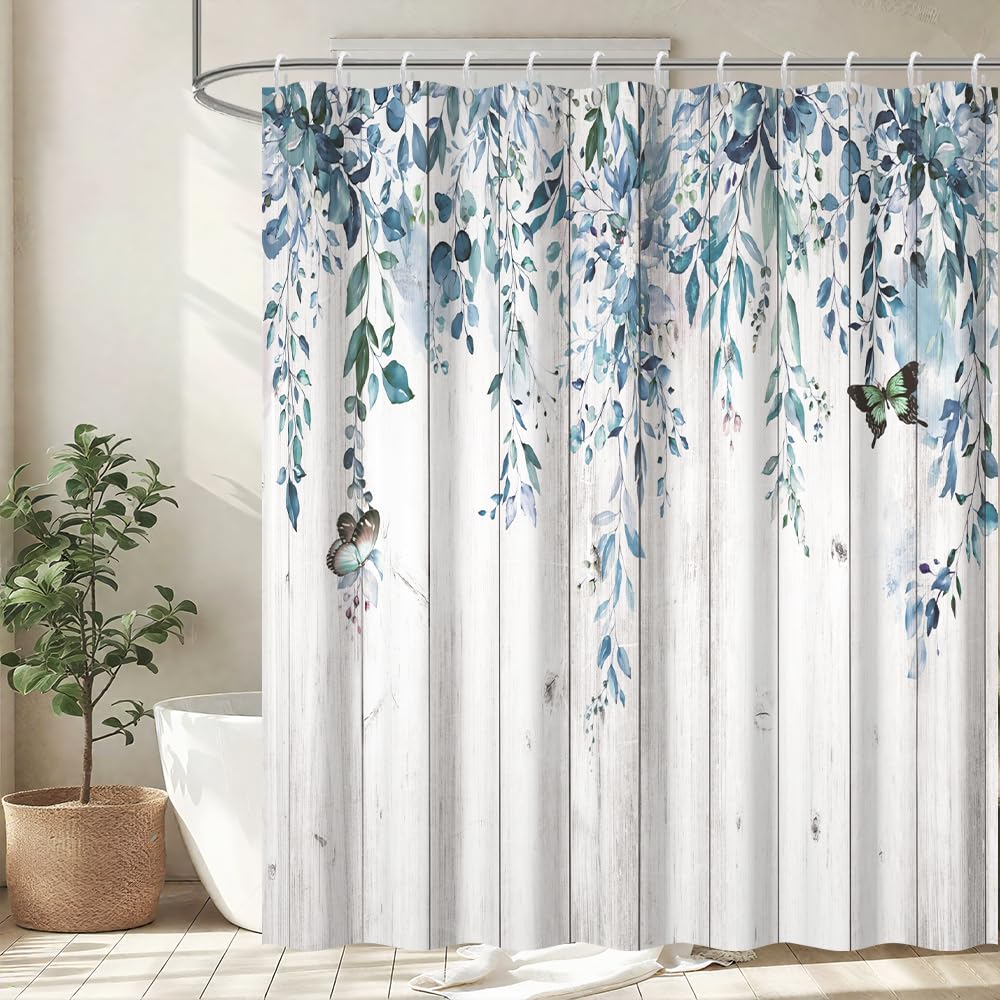 Jolof Store Eucalyptus Shower Curtain | Blue Leaves Waterproof Polyester