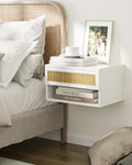 HEYZOEY Floating Nightstand with Drawer | Modern White Rattan Bedside Table