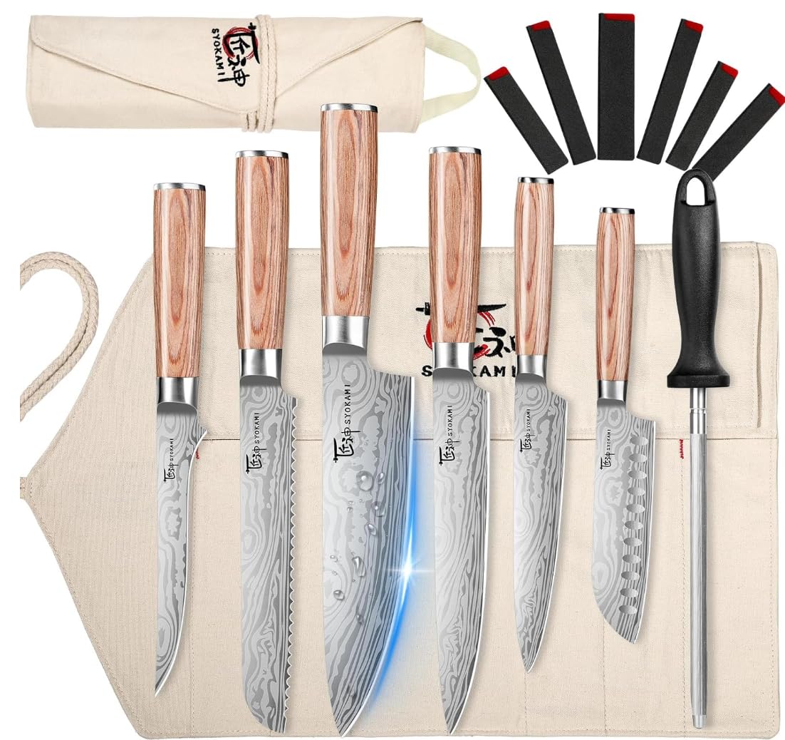 SYOKAMI 9-Piece Japanese Chef Knife Set with Roll Bag | Pakkawood
