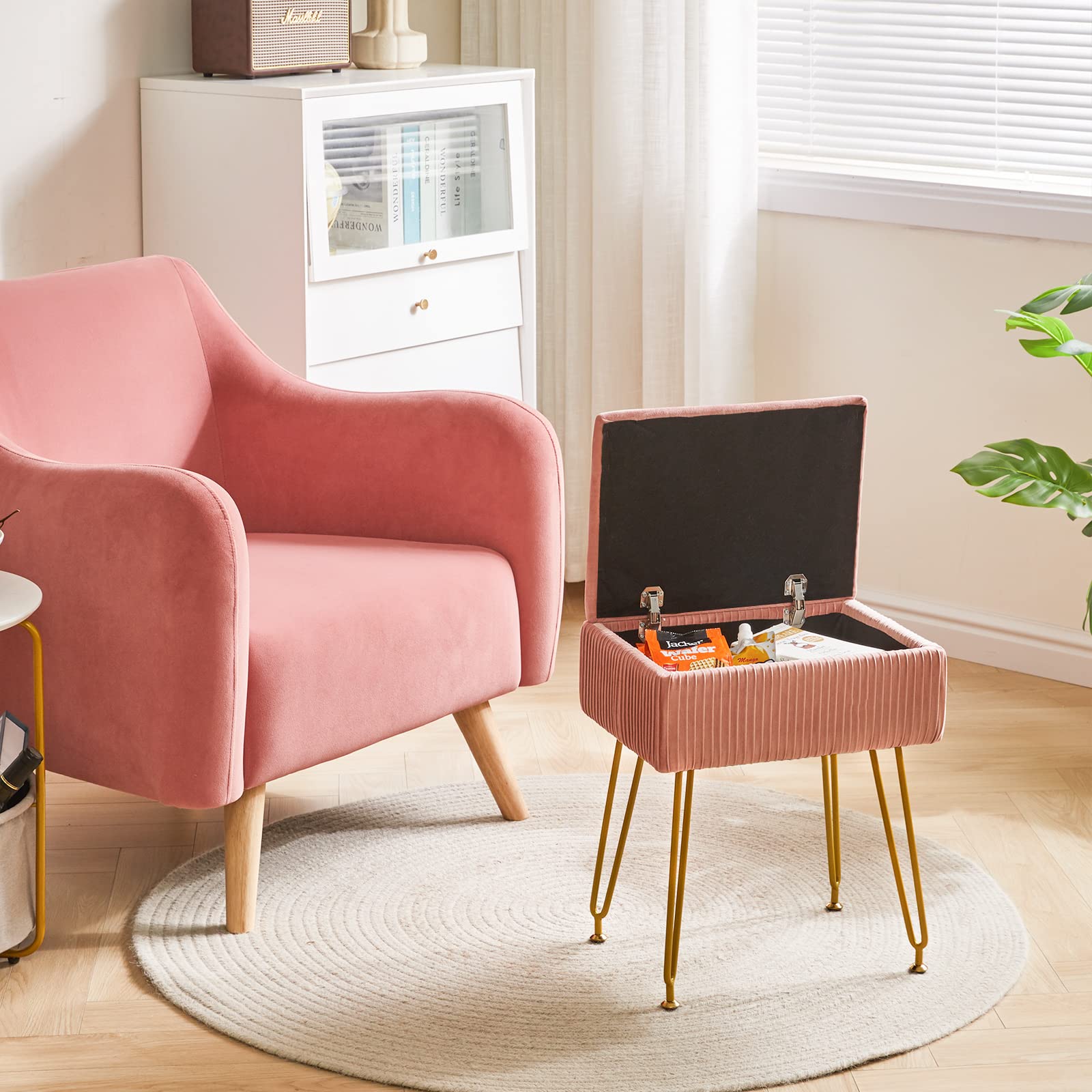 YMYNY Velvet Storage Ottoman | Pink Vanity Stool with Metal Legs