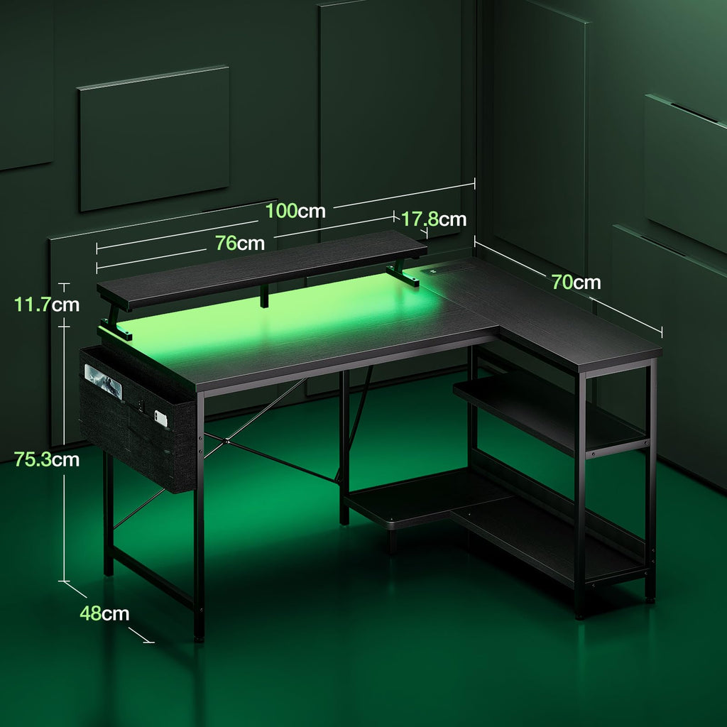 Coleshome L Shaped Gaming Desk with LED Lights & Power Outlet, 100x70 cm - image 3