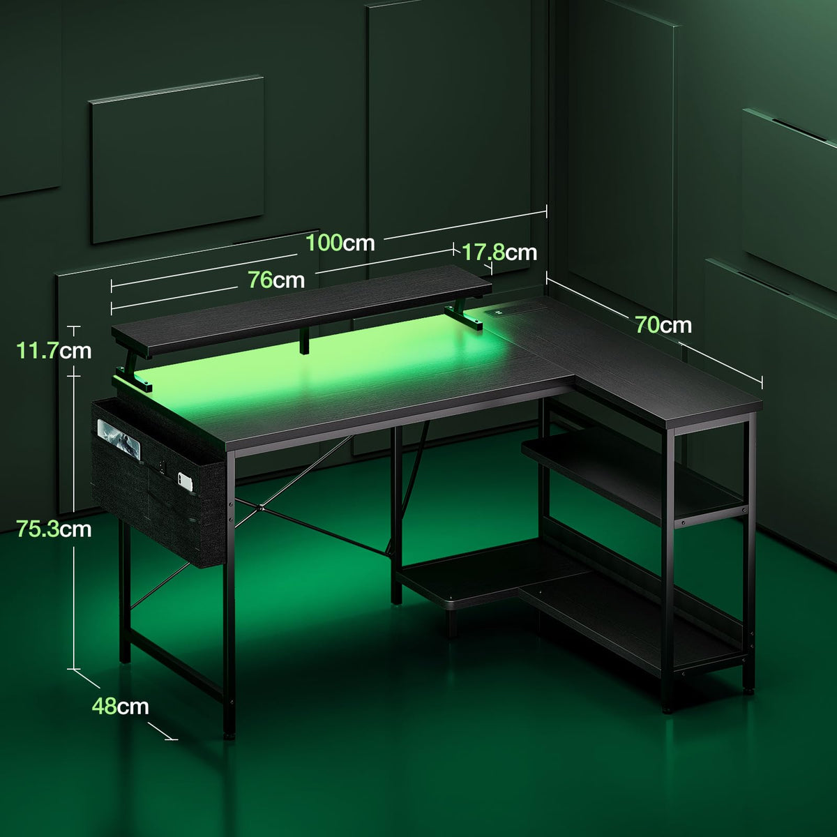 Coleshome L Shaped Gaming Desk with LED Lights & Power Outlet, 100x70 cm - image 3