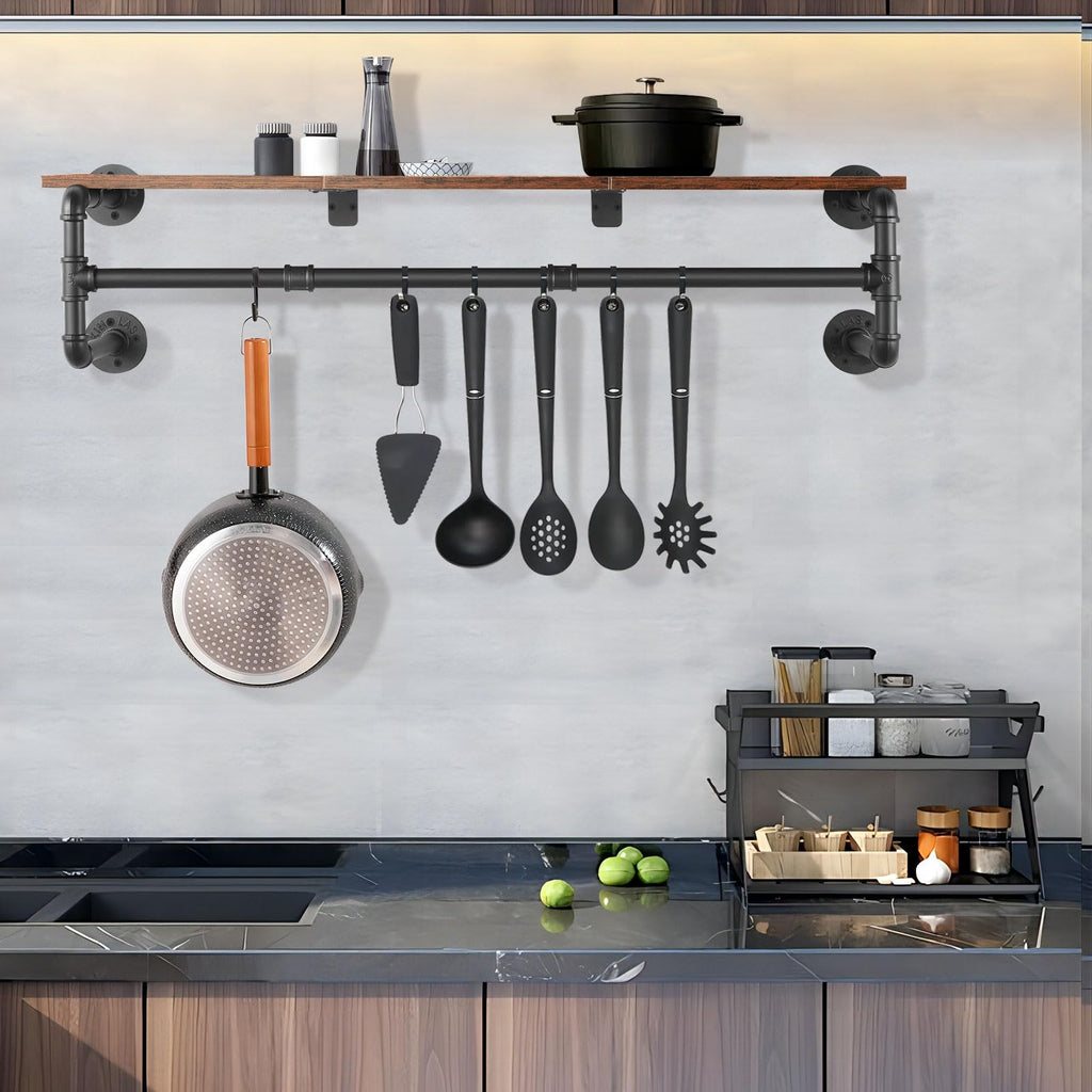 Yawinhe Industrial Pipe Wall Mounted Garment Rack with Wood Top Shelf