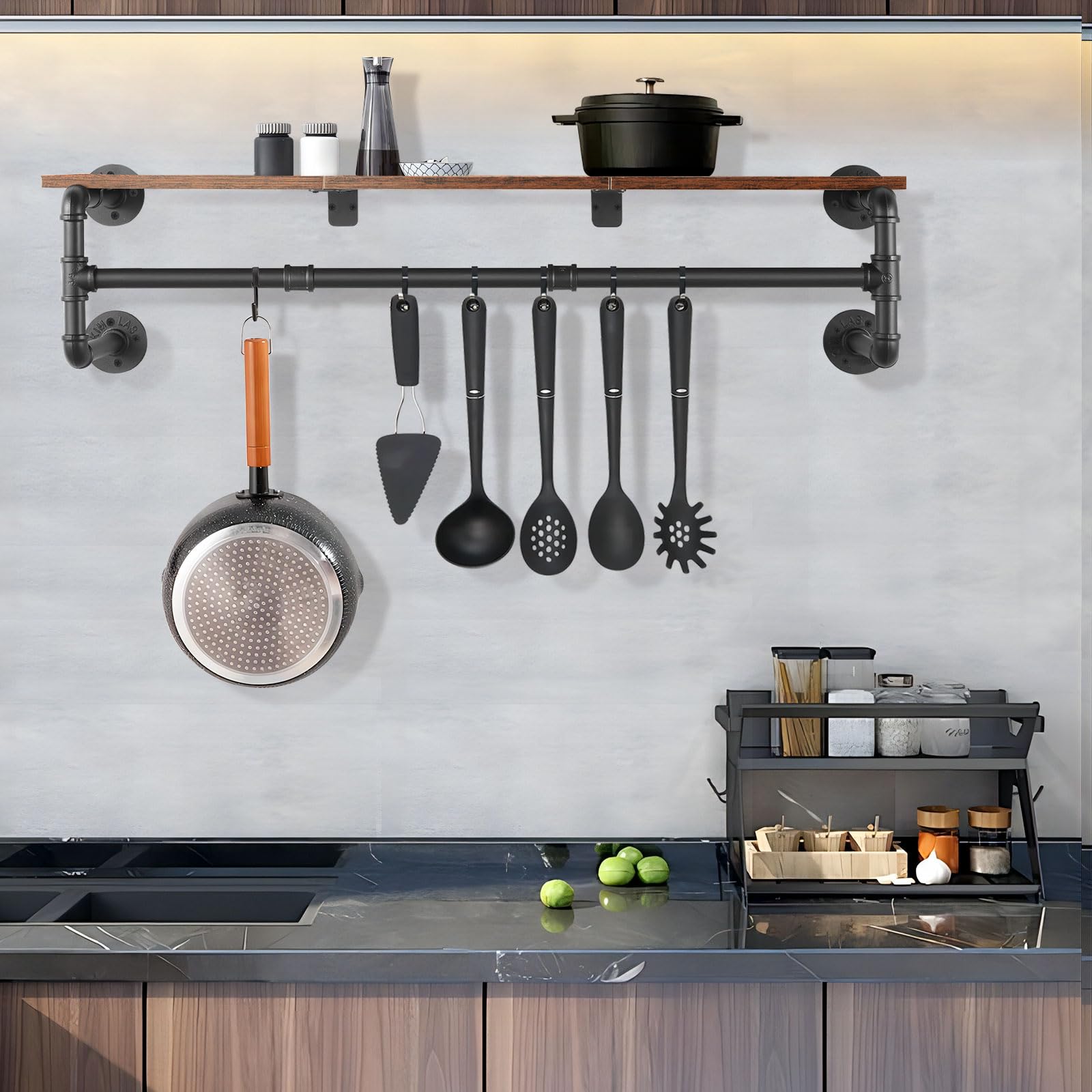 Yawinhe Industrial Pipe Wall Mounted Garment Rack with Wood Top Shelf
