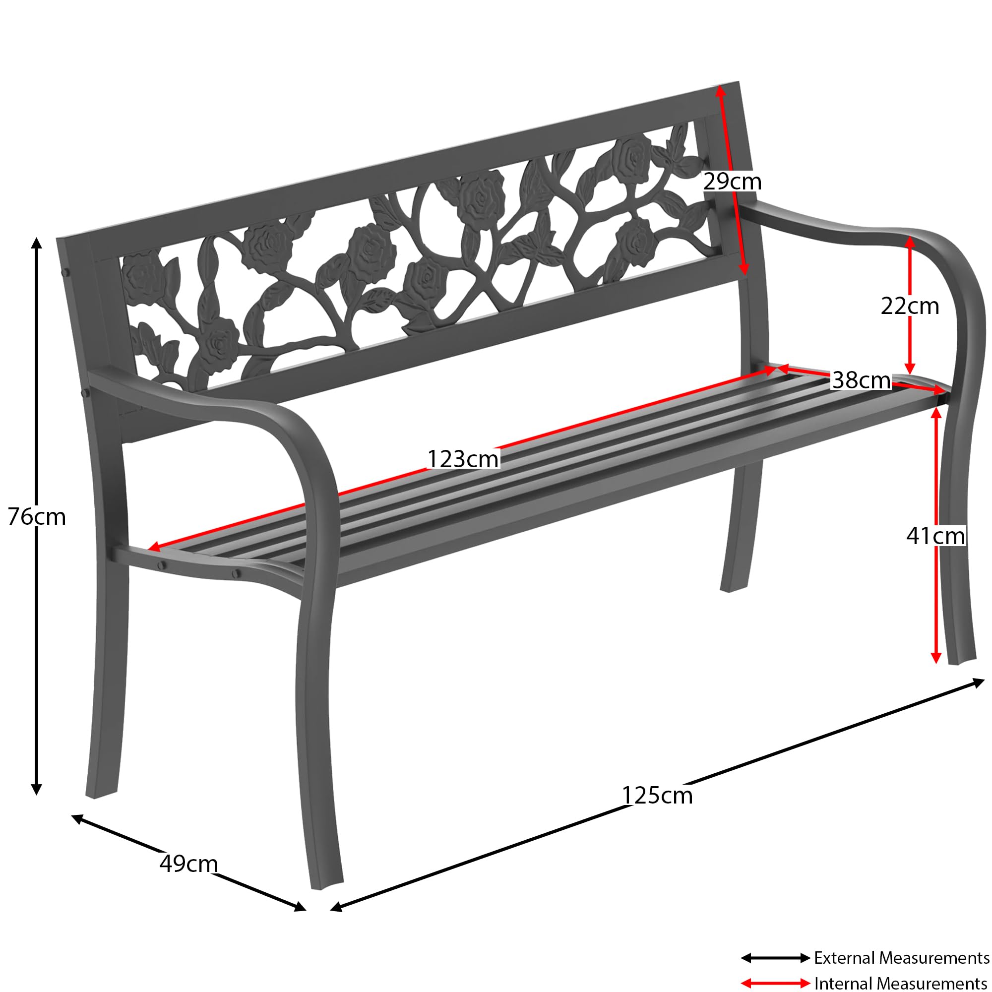 Garden Vida 3 Seater Steel Garden Bench | Rose Design Outdoor Patio Seat