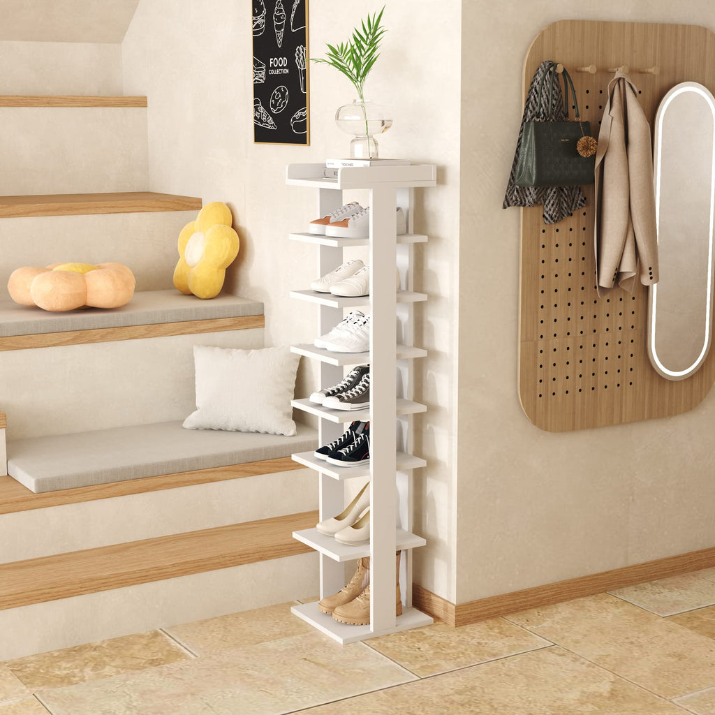 HOME BI 7-Tier Narrow Shoe Rack – Slim Wooden Corner Storage Tower, White