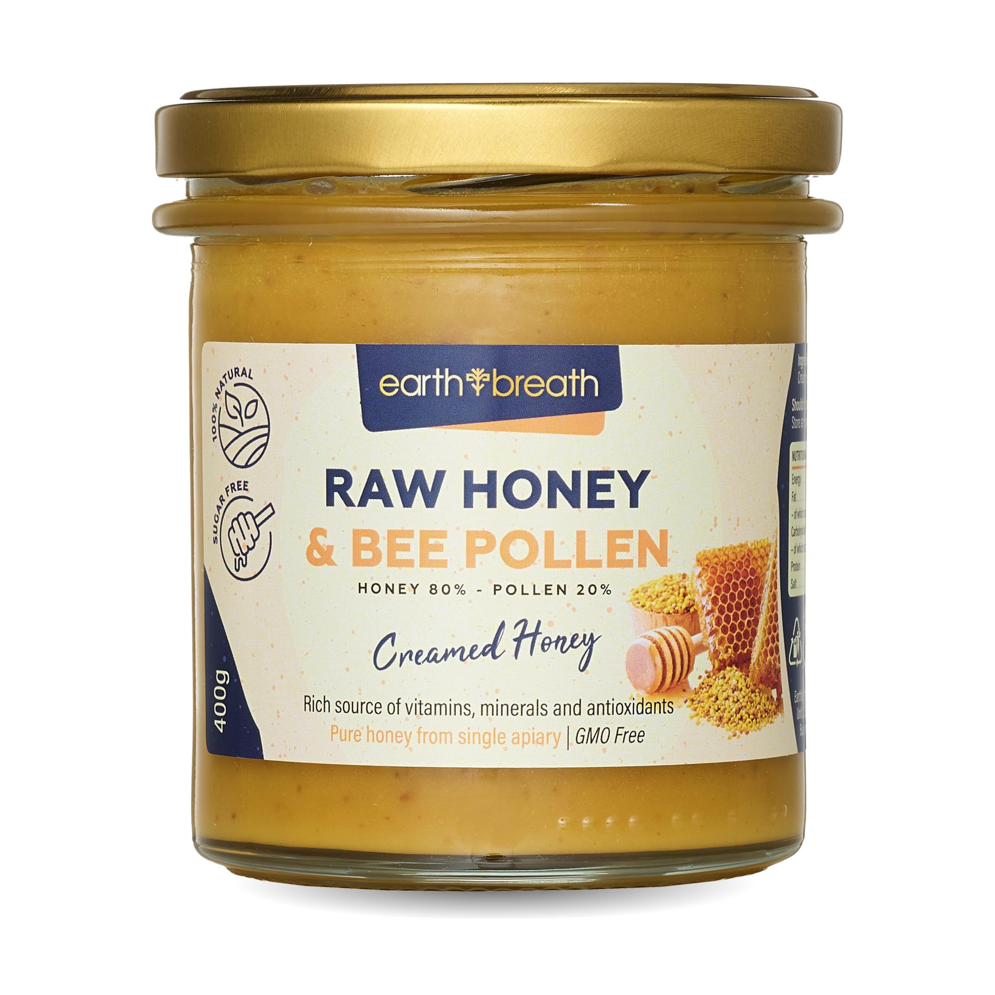 Earthbreath Raw Honey with Bee Pollen – 400g Pure & Unfiltered