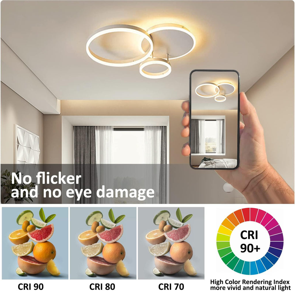 KAUCQI Modern LED Ceiling Light | 54W Dimmable 3-Ring Lamp with Remote