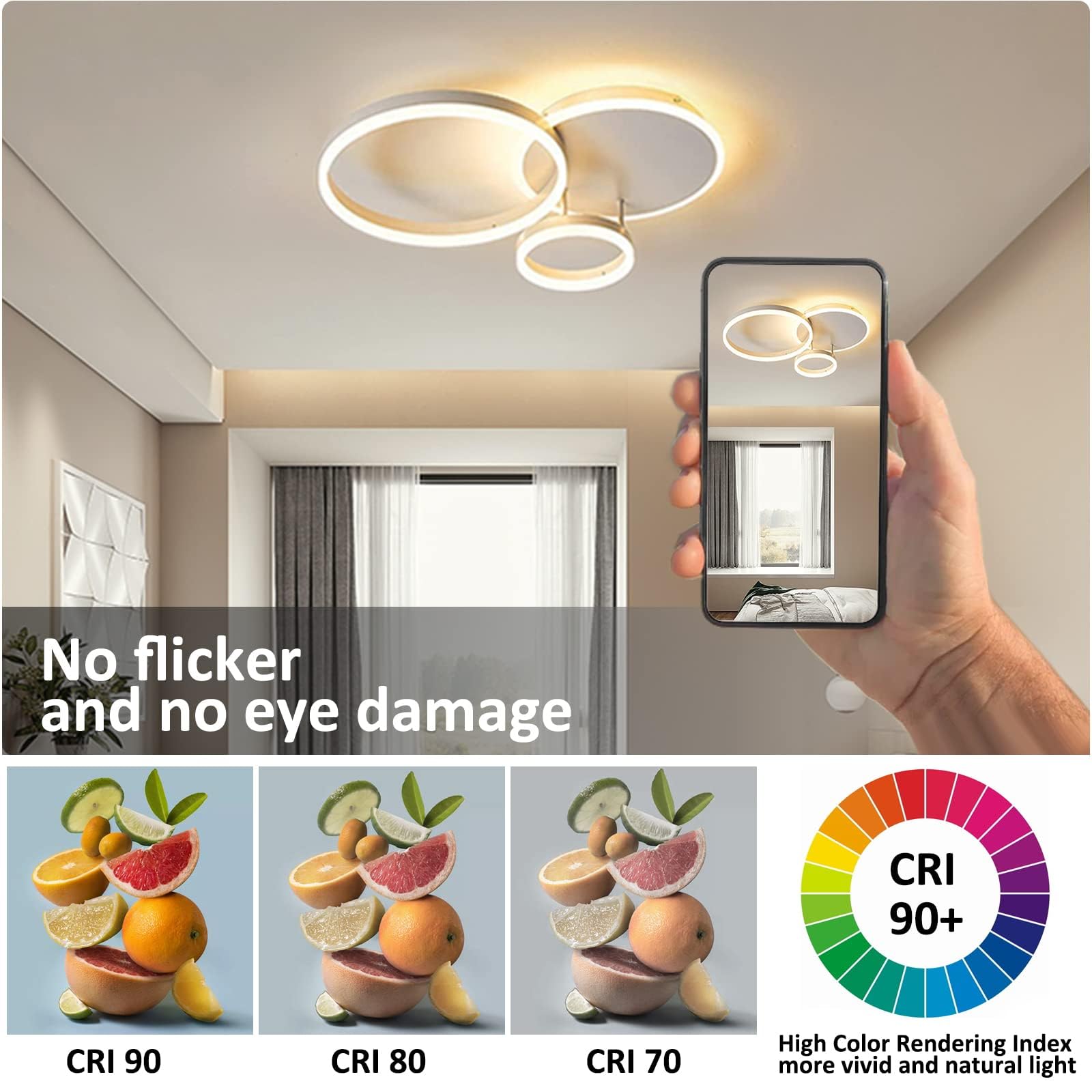KAUCQI Modern LED Ceiling Light | 54W Dimmable 3-Ring Lamp with Remote