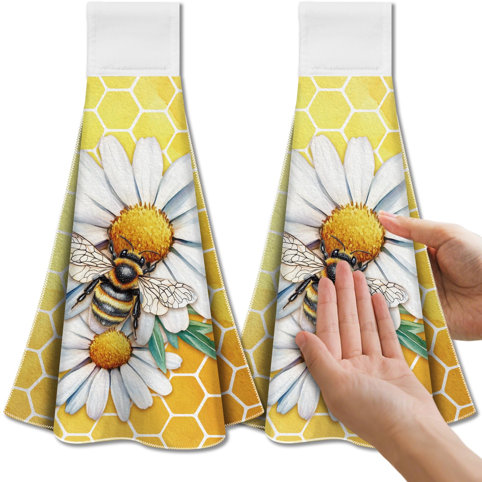 CUTHOLLOW Bee and Daisy Hanging Kitchen Towels | Microfiber Set of 2