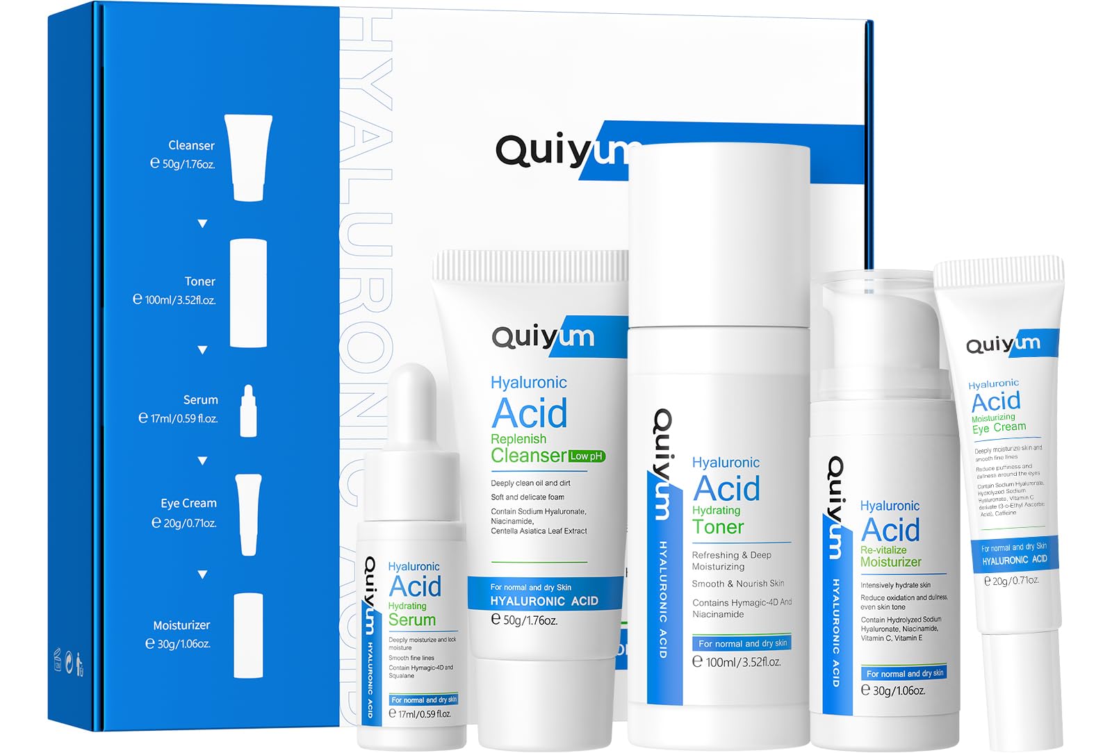 Quiyum Hyaluronic Acid Skincare Set | 5-Piece Hydrating Face Care Kit