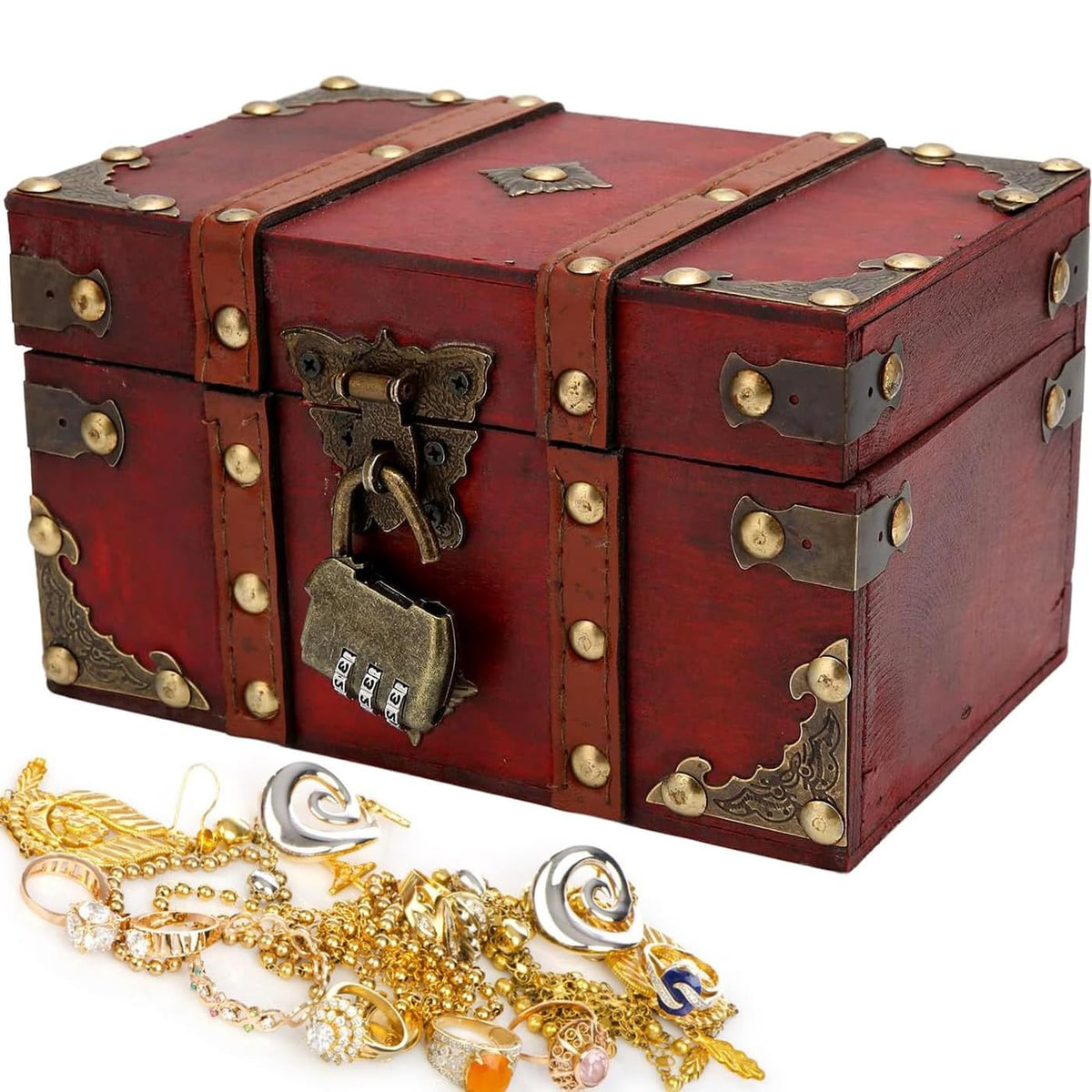 AOTOPYU Treasure Chest Children's Birthday Pirate Chest Gift Box Lockable with Lid and Lock Wooden Chest M: 22 x 15 x 14 cm