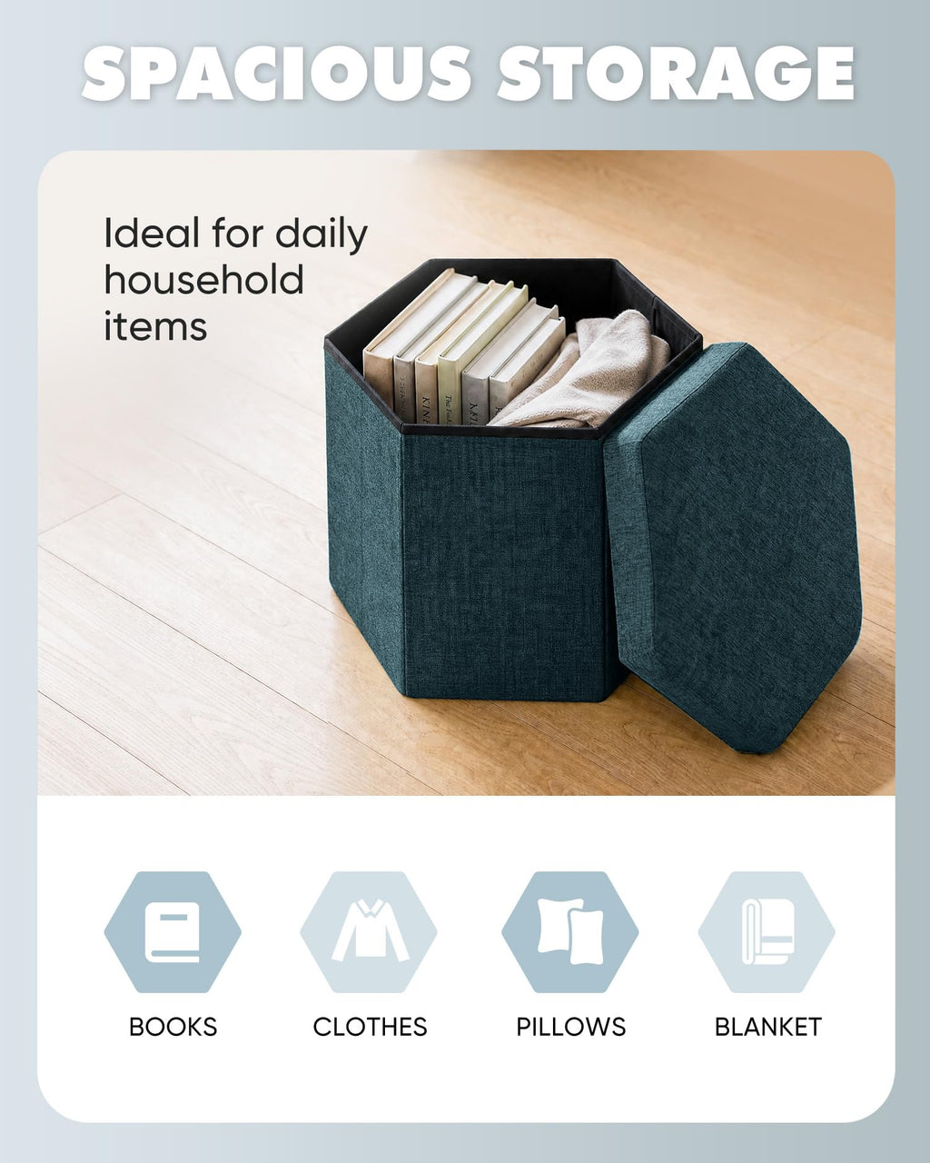 Bonlife Folding Storage Ottoman Hexagonal, Footrest with Toy Ches Box, 43cm - image 3