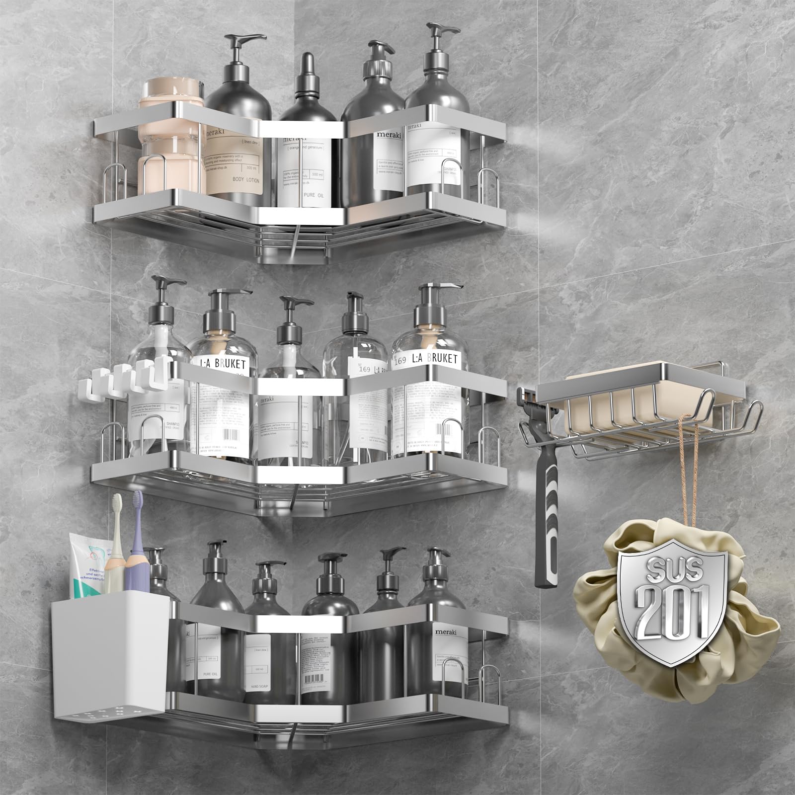 AceMining 5-Pack Shower Caddy | Rust-Resistant Stainless Steel Shelves