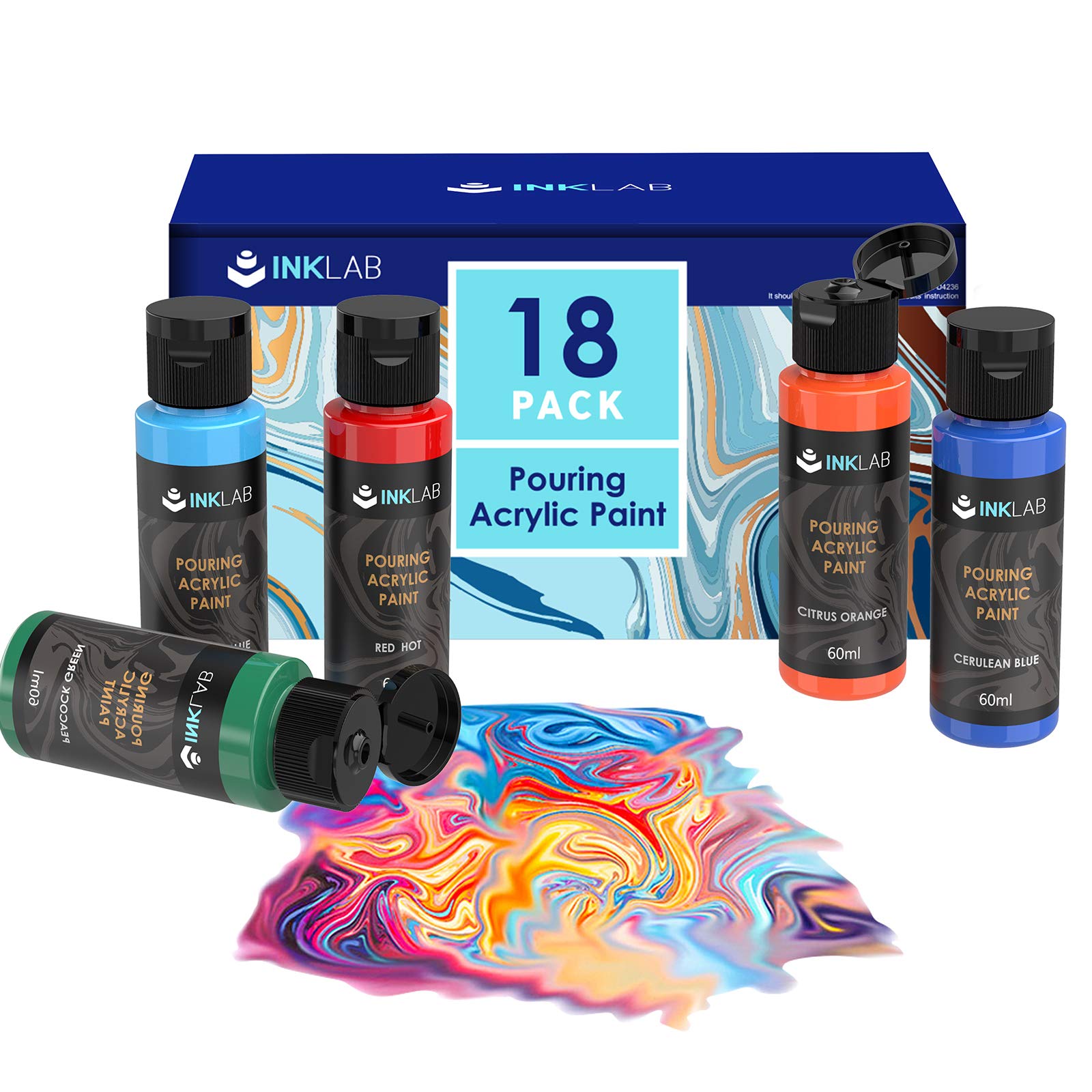 INK LAB Pre-Mixed Acrylic Pouring Paint Kit - 18 Colors for Canvas & Wood