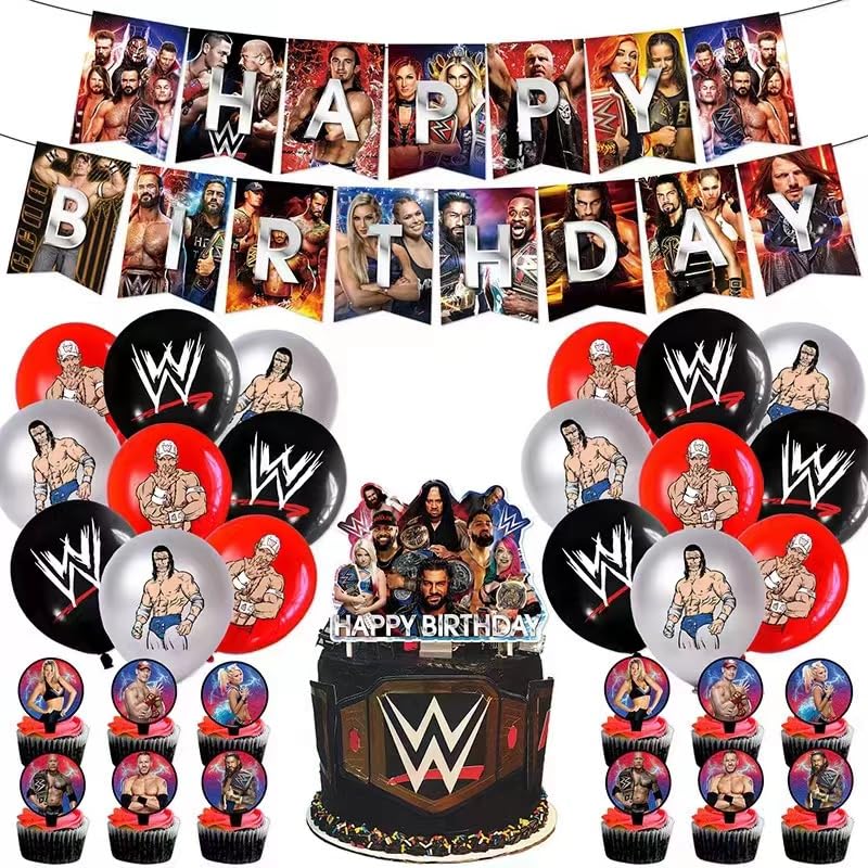Jolof Store Wrestling Birthday Party Supplies - Banner, Balloons & Toppers