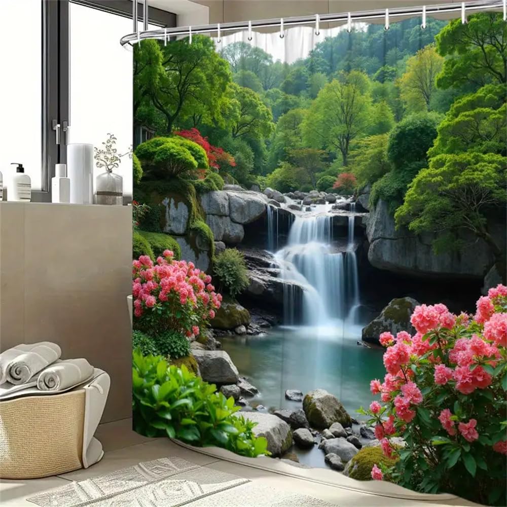 Waterfall Nature Shower Curtain | Pink Floral Forest Decor