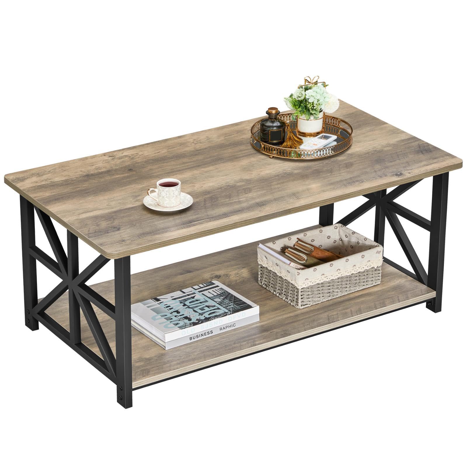 GreenForest 100cm Coffee Table – 2-Tier Storage X-Frame Center Table