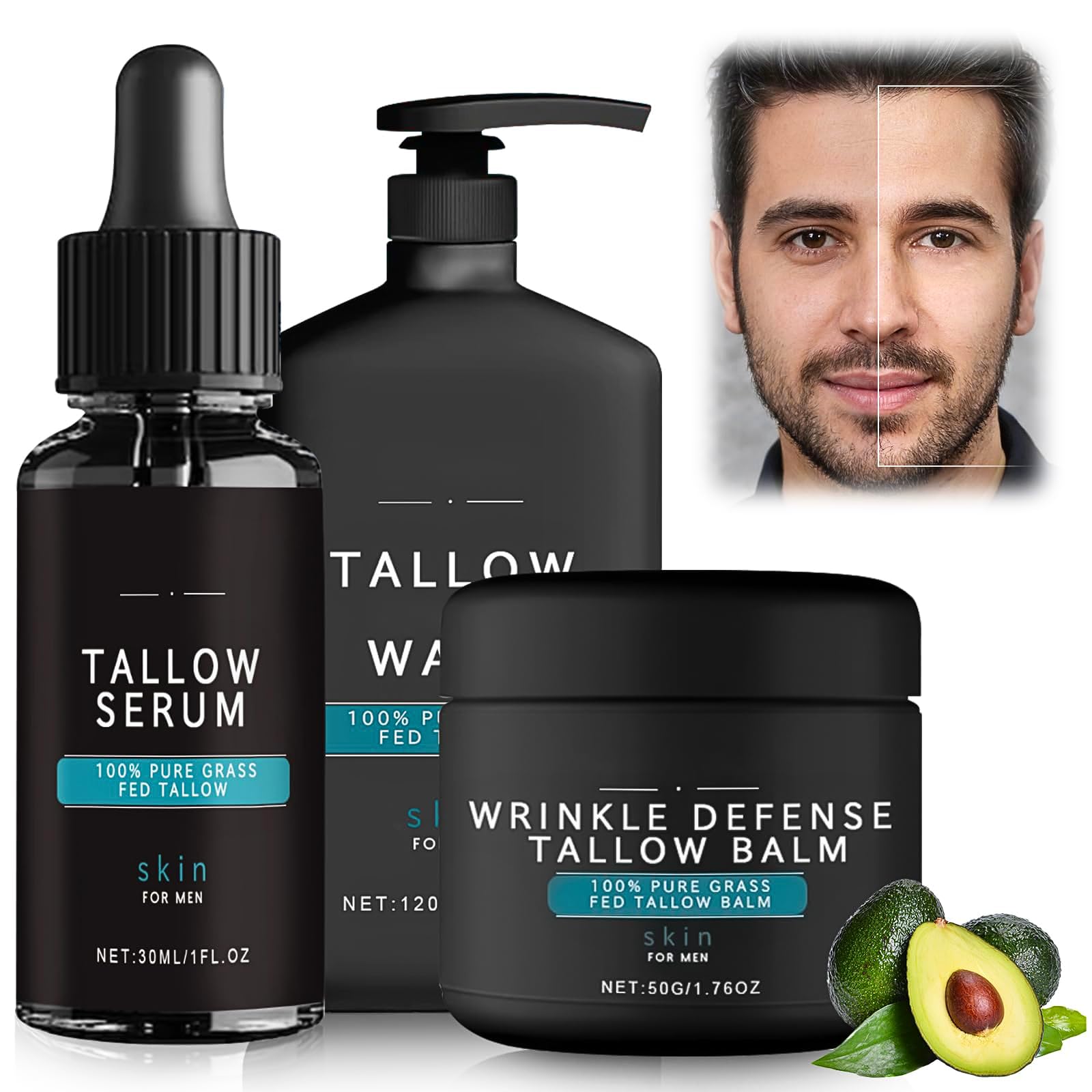 IZBEAUVO Beef Tallow Skincare Set for Men – Anti-Wrinkle 3-Piece Facial Kit