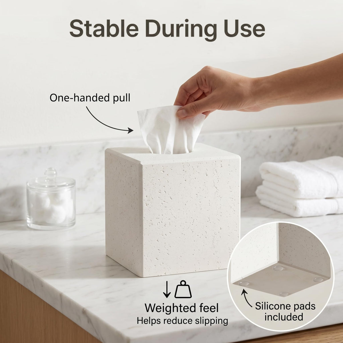 White Tissue Box Cover, Modern Square Decorative Tissue Box Holder with Travertine-Inspired Finish, Removable Magnetic Base Lid - image 4