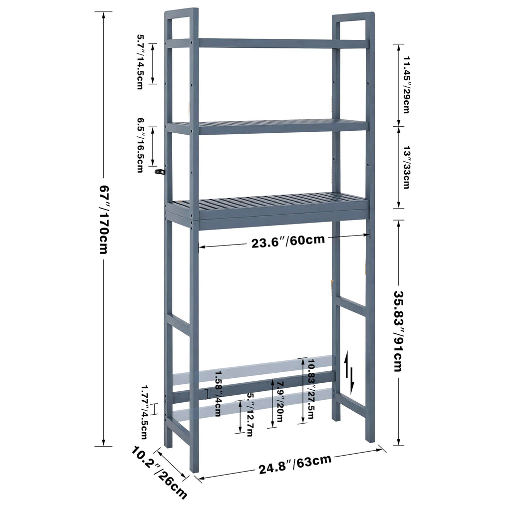 SMIBUY Bamboo Over-The-Toilet Storage Rack | 3-Tier Adjustable Shelf - Grey