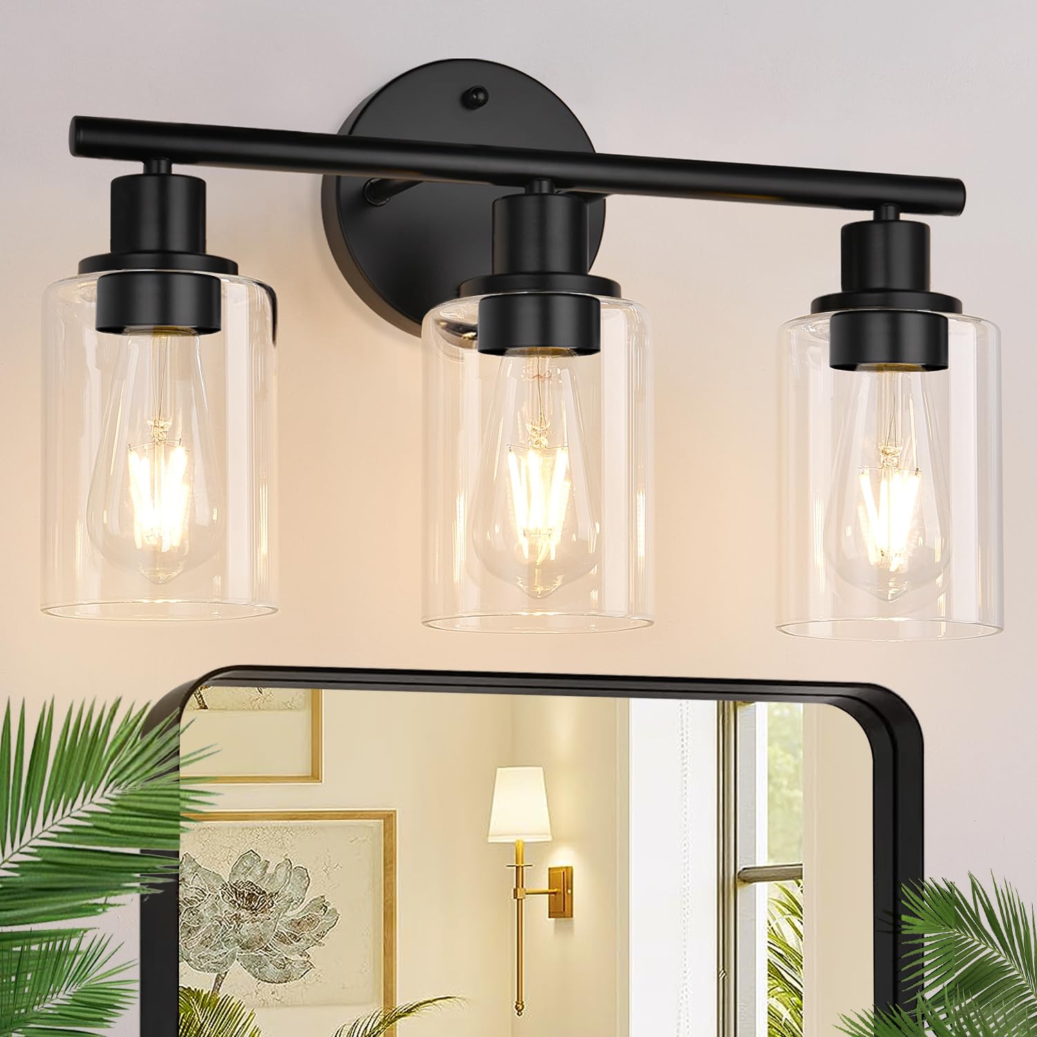 ZASTION 3-Light Black Bathroom Vanity Light with Clear Glass Shade