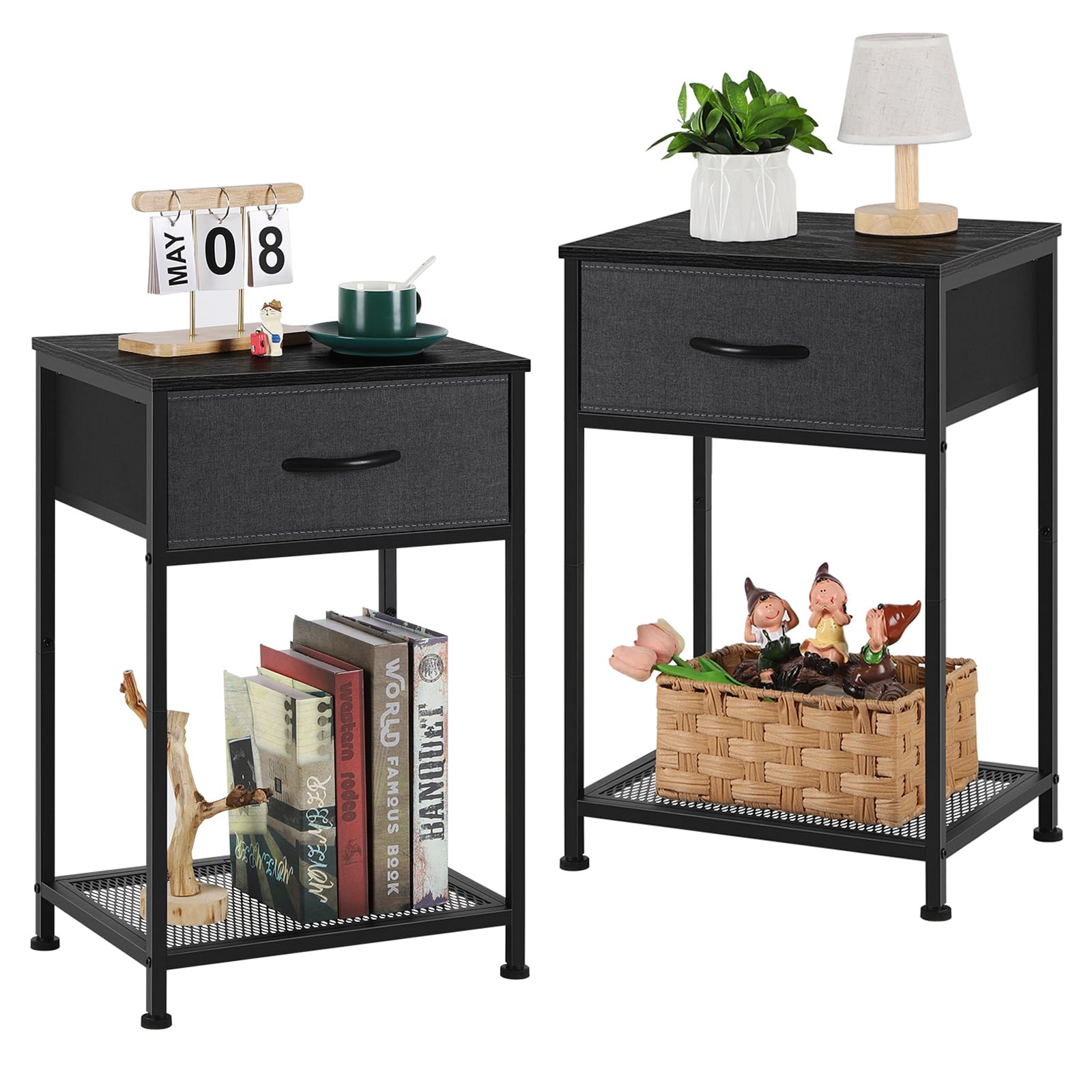 UOMIO Industrial Bedside Tables Set of 2 - Black Wood Nightstands
