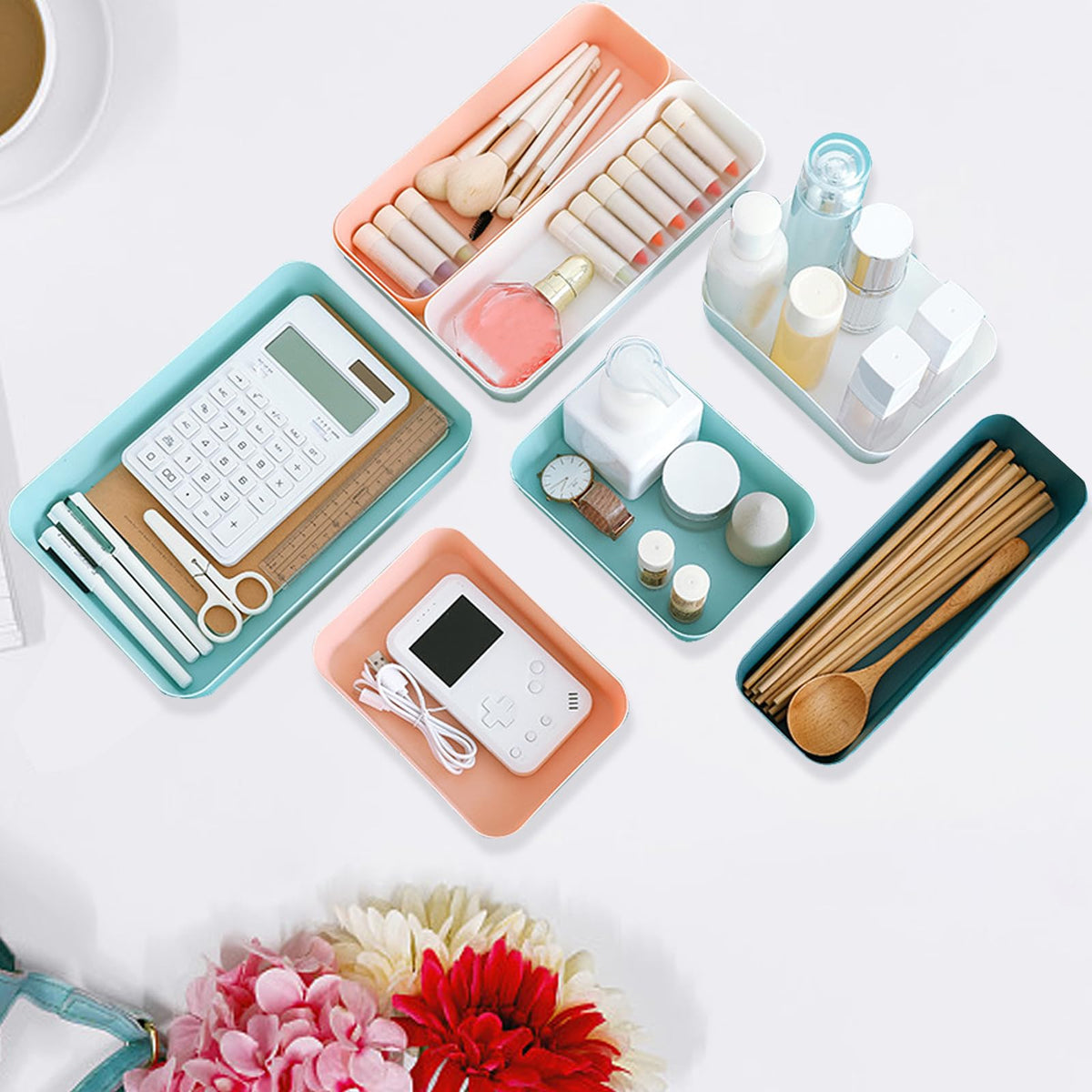 Suwimut 12 Pieces Plastic Drawer Organizer Set, 3 Size Desk Drawer Organizer Divider Trays for Makeup, Jewelry, Utensils, Gadgets - image 5