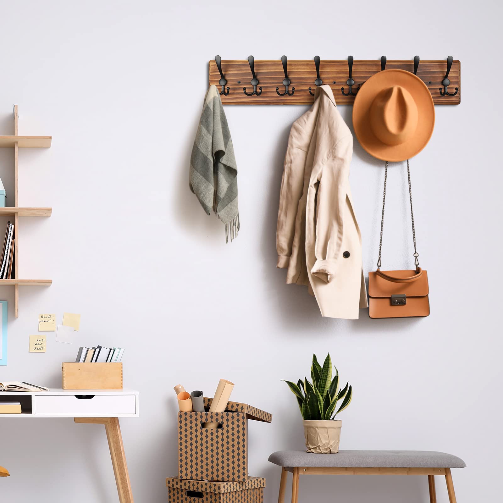PHINGEER Wall Mounted Coat Rack – 8 Triple Hooks Heavy Duty Pine Wood