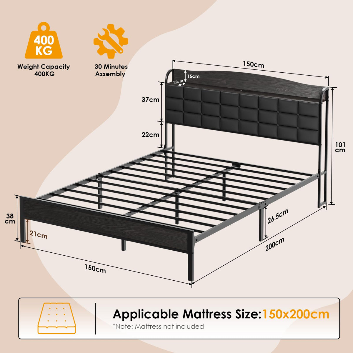 WOWTRELAX King Size Bed Frame with Charging Headboard Storage Shelf 150x200 - image 2