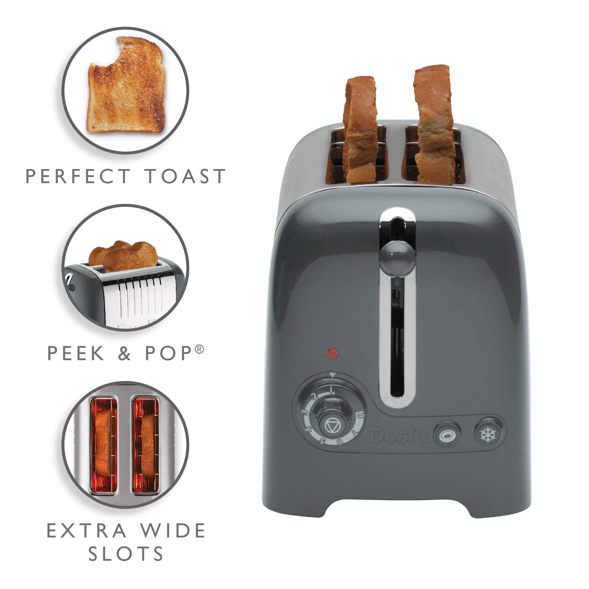 Dualit 2 Slice Lite Toaster | Polished with High Gloss Grey | 36mm Wide Slots