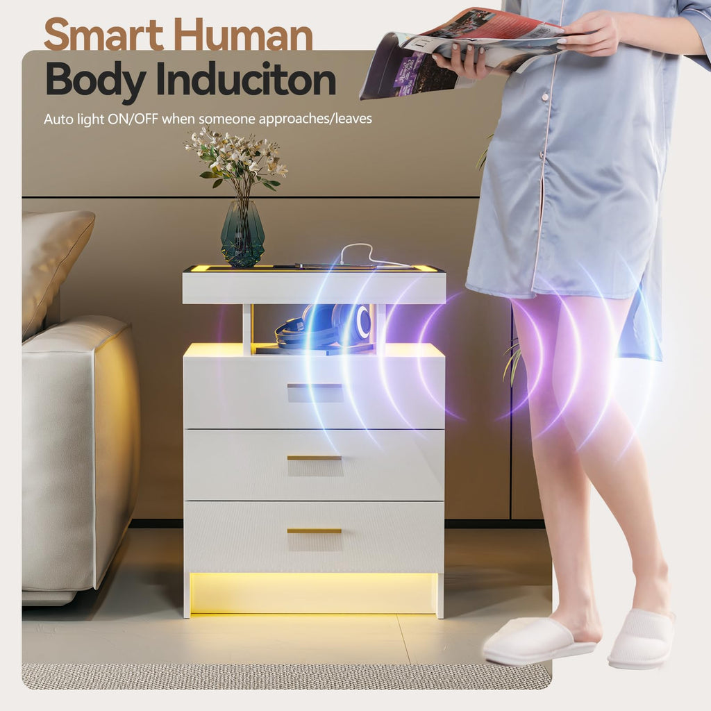 Gurexl LED Bedside Table with Glass Top and 3 IN 1 Charging Station,White - image 4