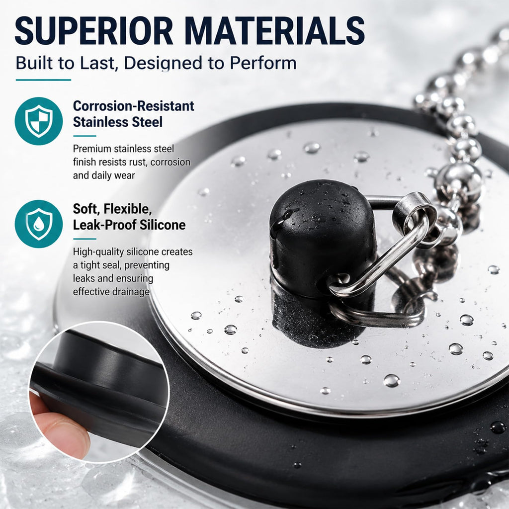 2 Pcs Bath Plug with Stainless Steel Chain for Bathroom & Kitchen - image 3
