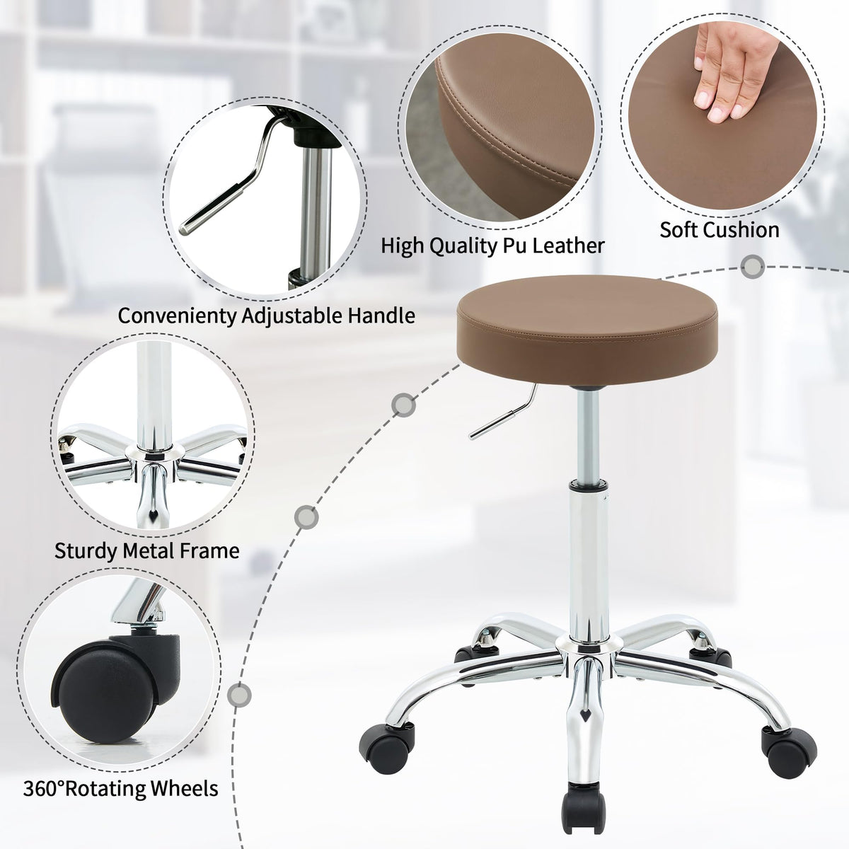 FIRAVOE Backless Rolling Office Stool, Adjustable Swivel Work Chair with Wheels, 49.5–67.6 cm Height - image 4