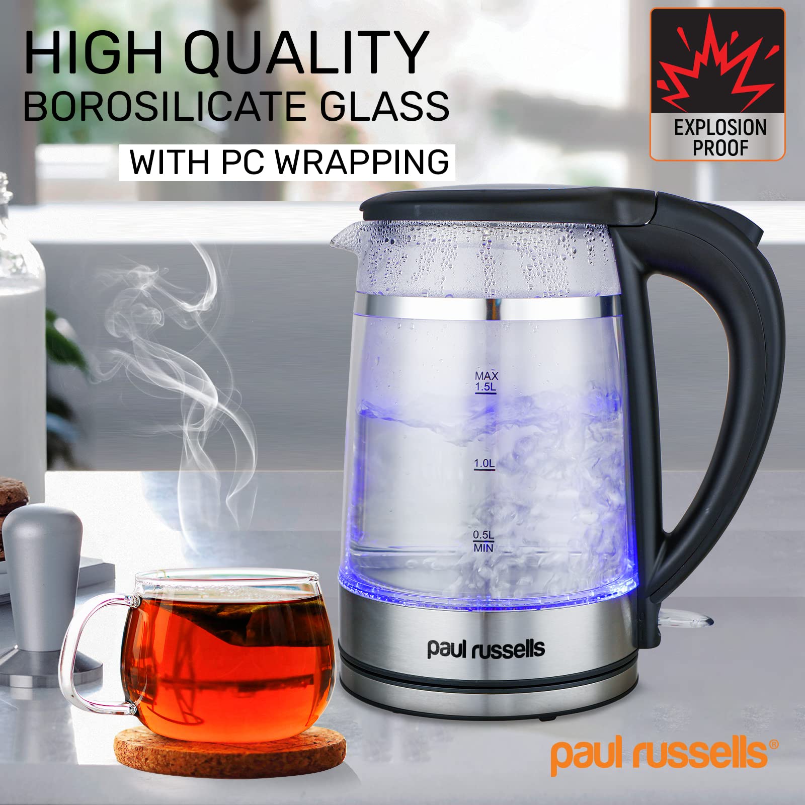 Paul Russells Electric Kettle | 1.5L Glass & Stainless Steel | 3000W