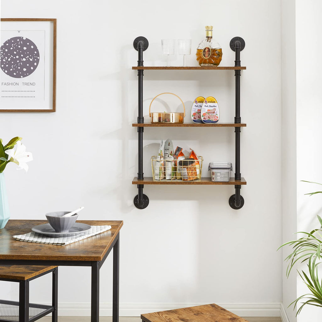 YMYNY 3-Tier Industrial Pipe Wall Mount Shelves | Rustic Wood Bookshelf