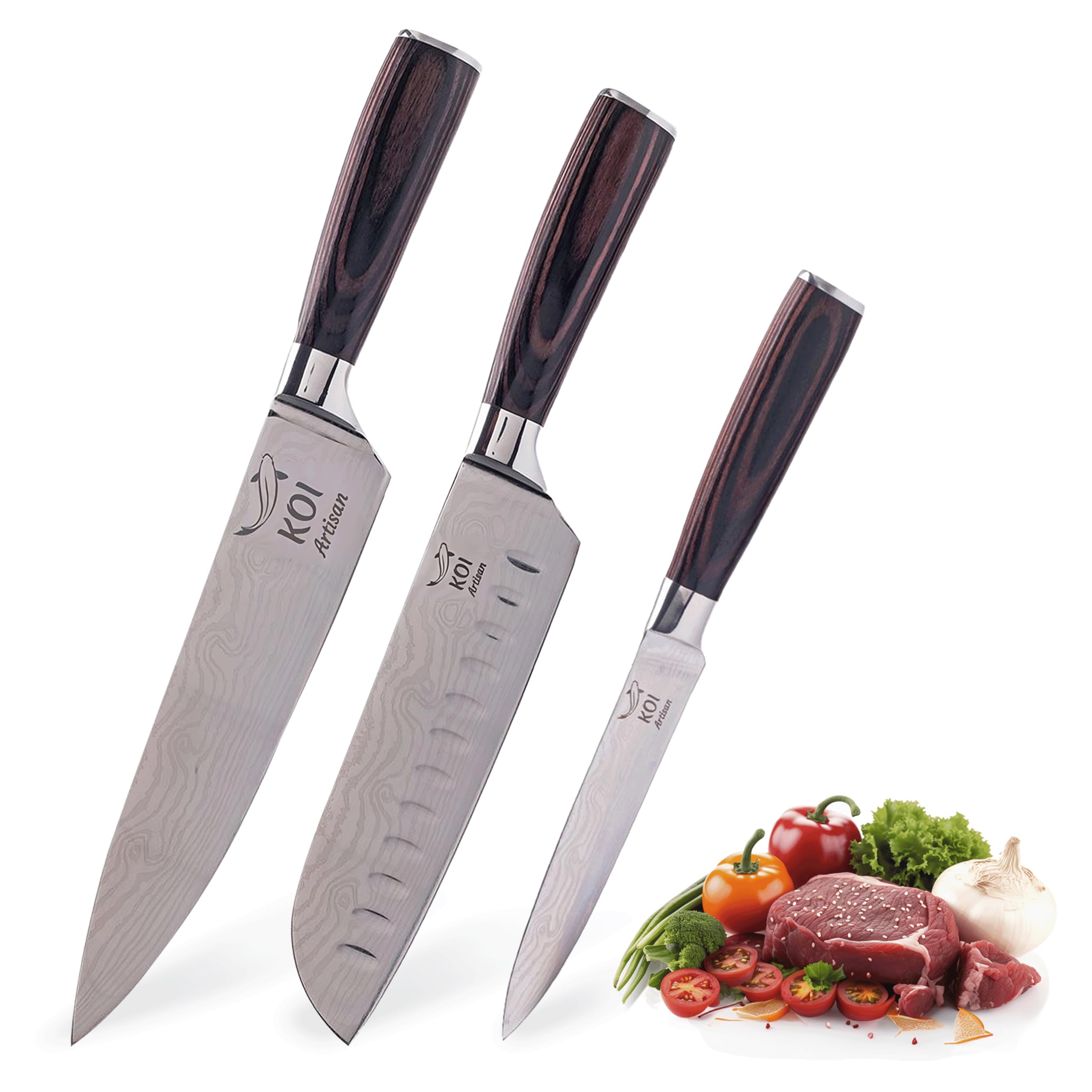 KOI ARTISAN Japanese Chef Knife Set | Stainless Steel & Pakka Wood