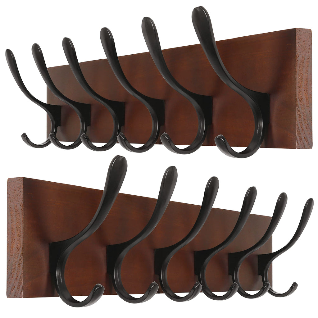 SKOLOO Wall Mount Coat Rack – 2 Pack Rustic Pine Wood Hooks, Brown