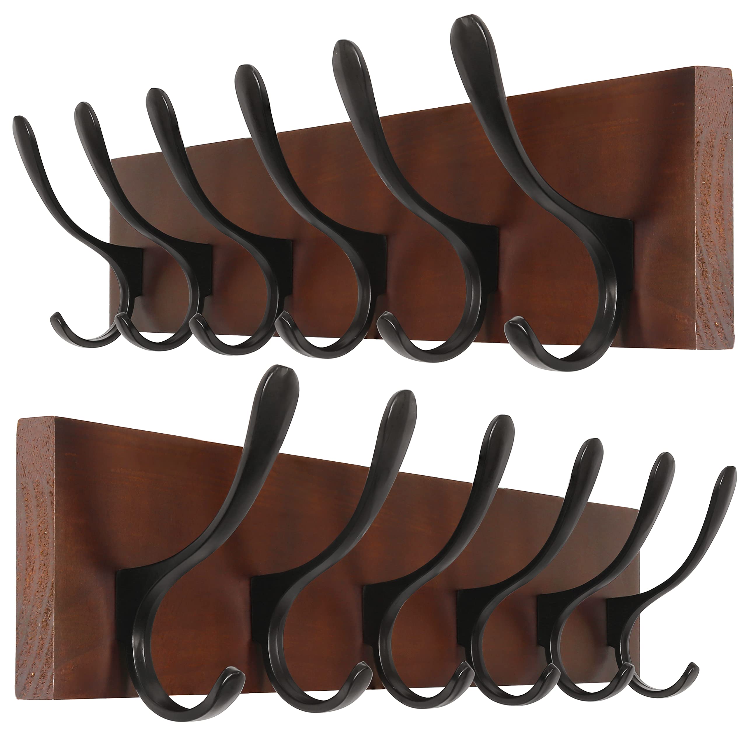 SKOLOO Wall Mount Coat Rack – 2 Pack Rustic Pine Wood Hooks, Brown